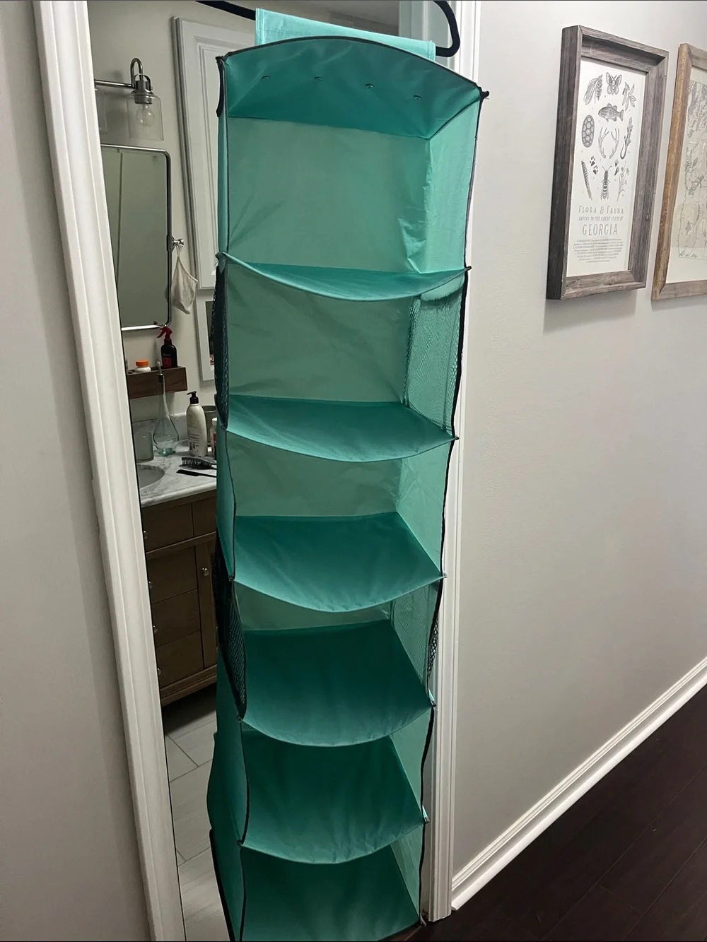 Foldable Turquoise Hanging Closet Organizer - 6-Tier Fabric Shelves